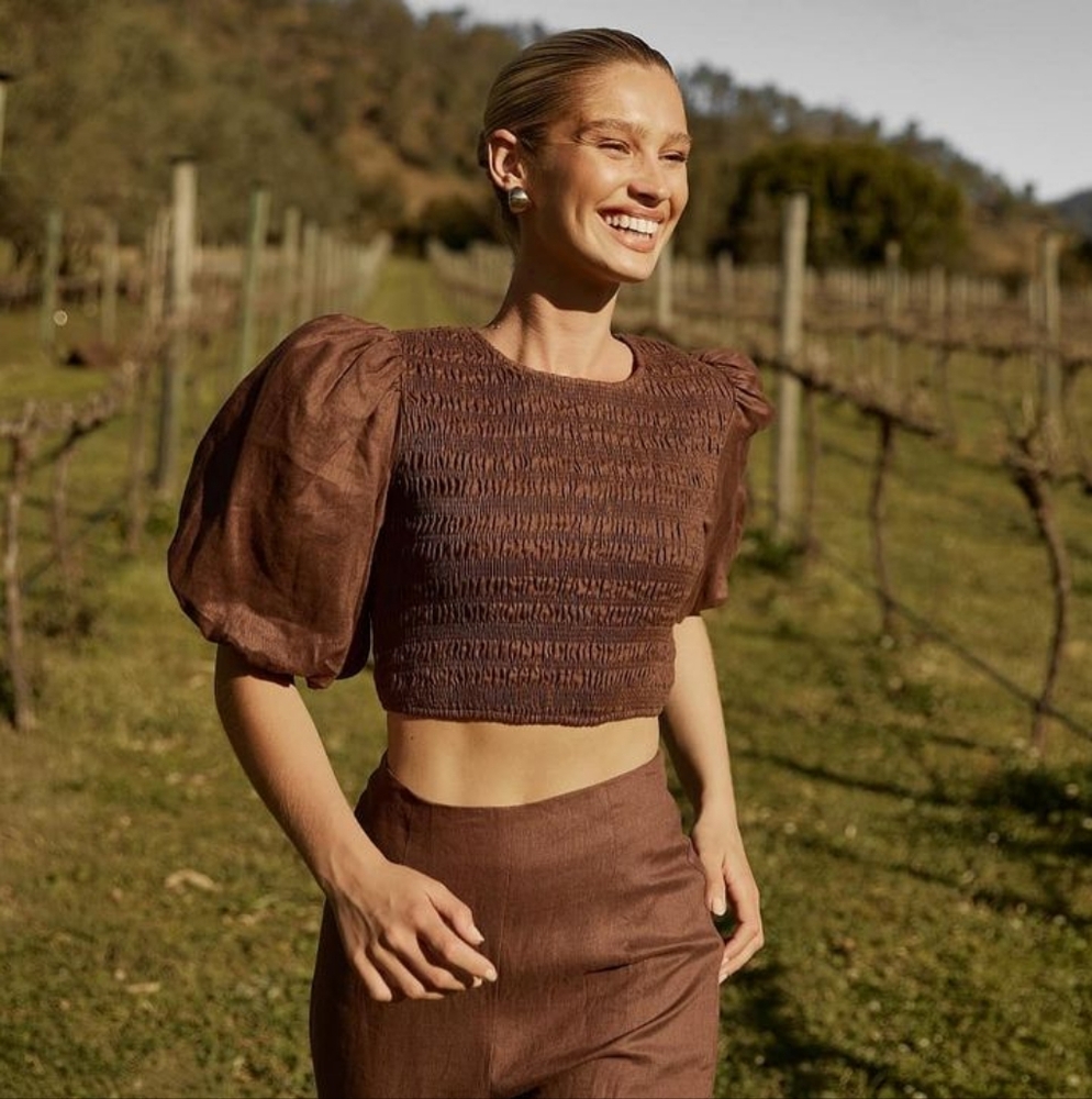 Dissh Australia Frankie Chocolate Linen Shirred Puff Sleeve Top